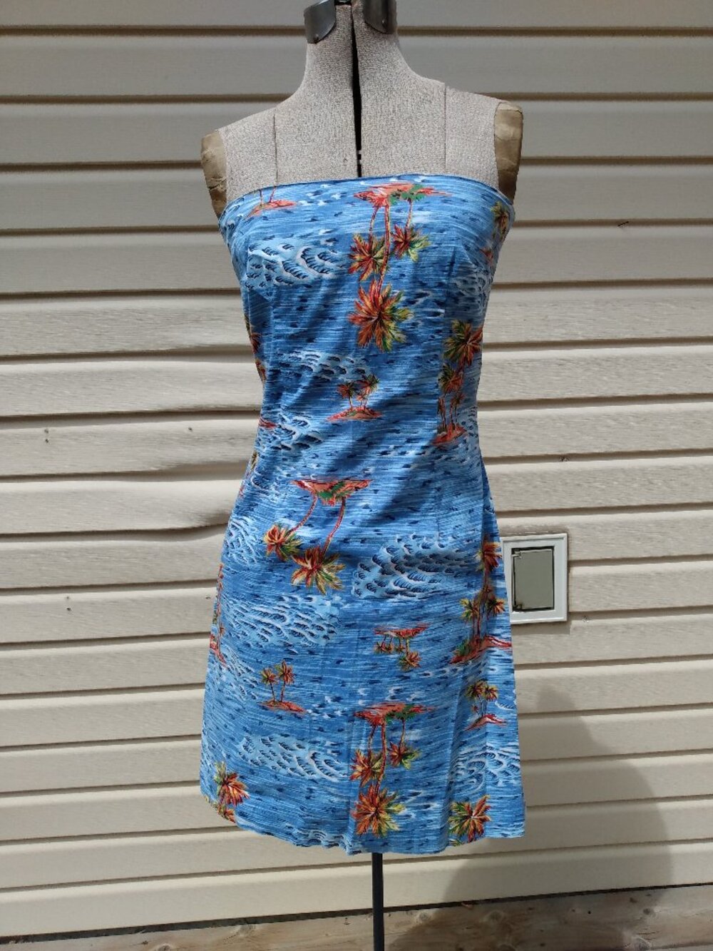 Vintage Hawaiian Dress 32"B 26"W Handmade Strapless Wiggle Palm Trees Ocean